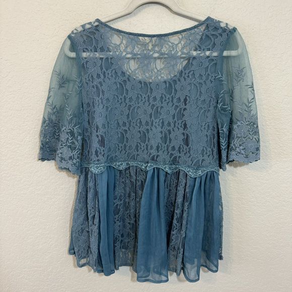 Listicle Blue Lace ‎ Short Sleeve Peplum Sheer Blouse Size Small Boutique L Boho - Picture 3 of 3
